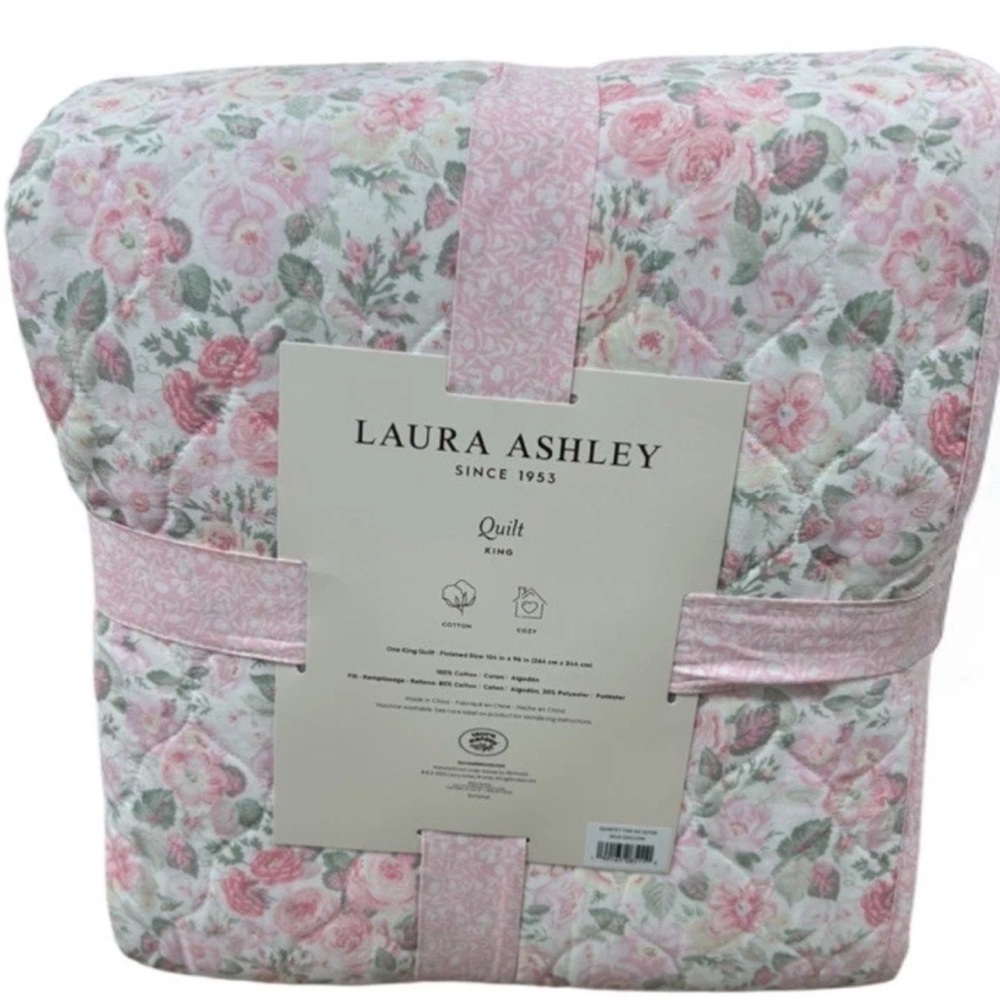 Laura Ashley Pink and Multicolor Floral King Cotton Quilt Set 104”x96”